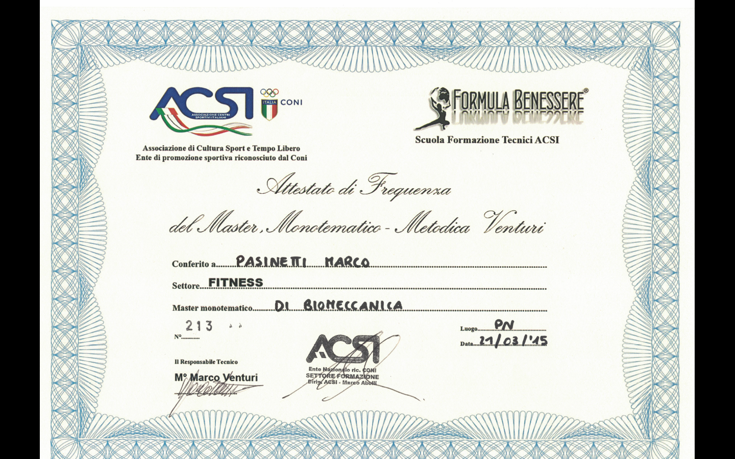 ATTESTATO BIOMECCANICA ACSI