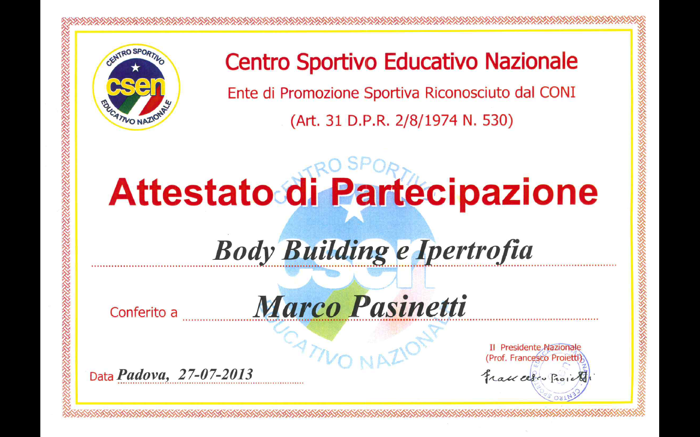 ATTESTATO CSEN MASTER BODYBUILDING E IPERTROFIA