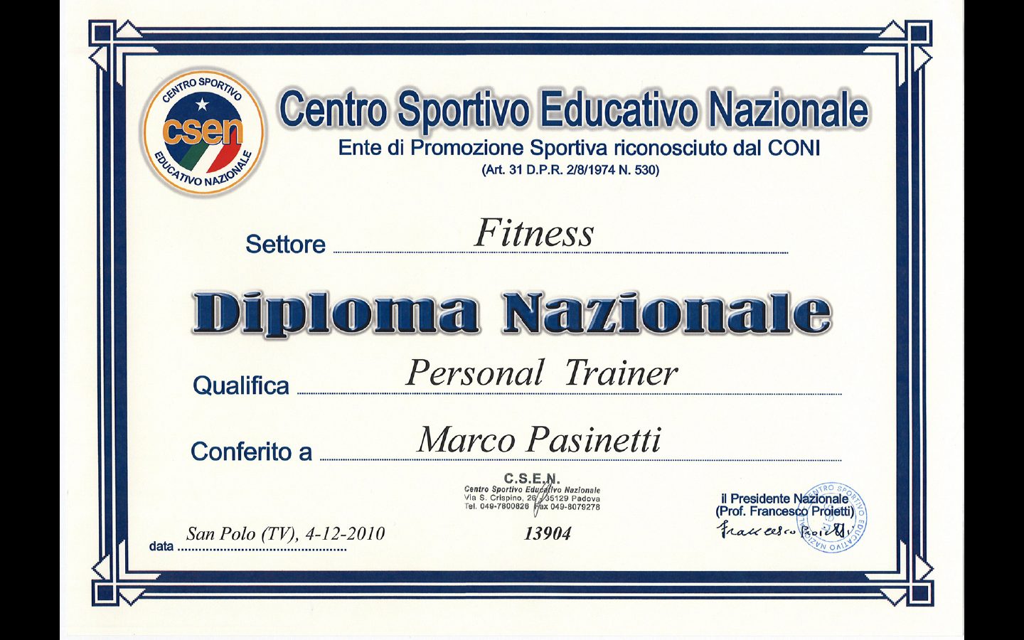 DIPLOMA NAZIONALE CSEN PERSONAL TRAINER