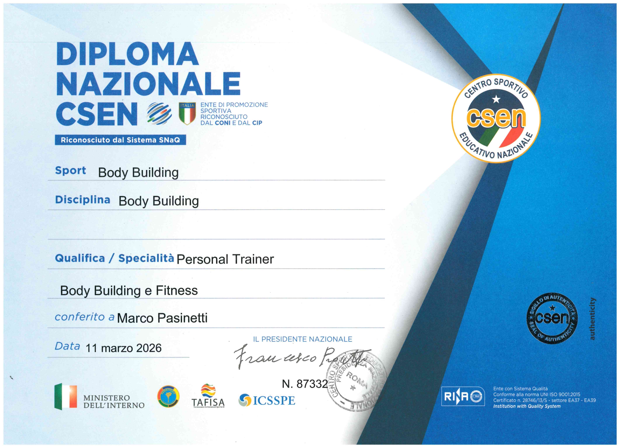 DIPLOMA PERSOINAL TRAINER CSEN 2026